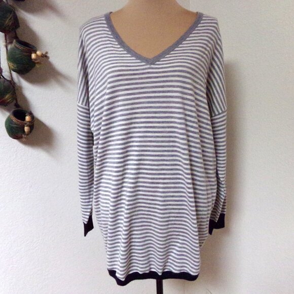 Joie Grey and White Striped V Neck Sweater - Picture 1 of 6